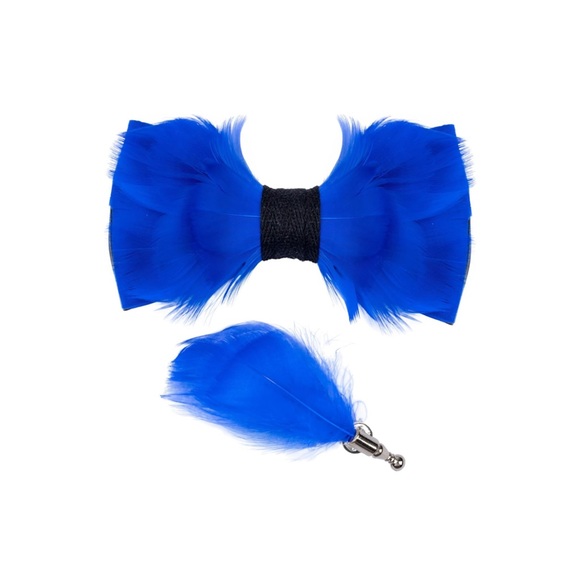 Men’s Novelty Feather Pre-Tied Bow Tie and Matching Lapel Box Set Royal Blue - Picture 3 of 3